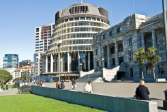 The Beehive & Parliament Buildings_ People seating and walking